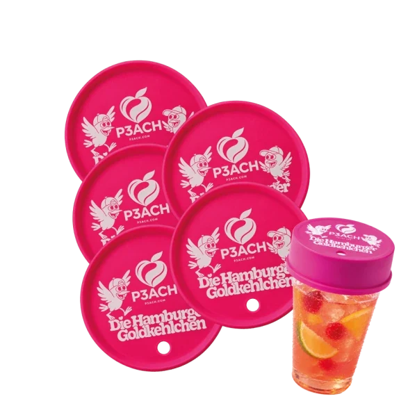 Five P3ACH × Goldkehlchen edition covers and a cup with the cover on
