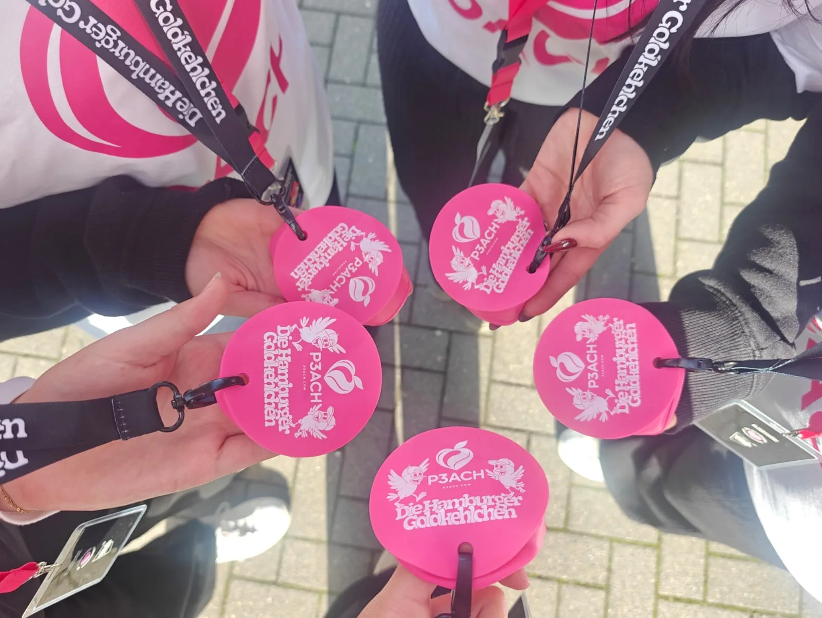 Five pink P3ACH × Goldkehlchen edition covers held together in a circle