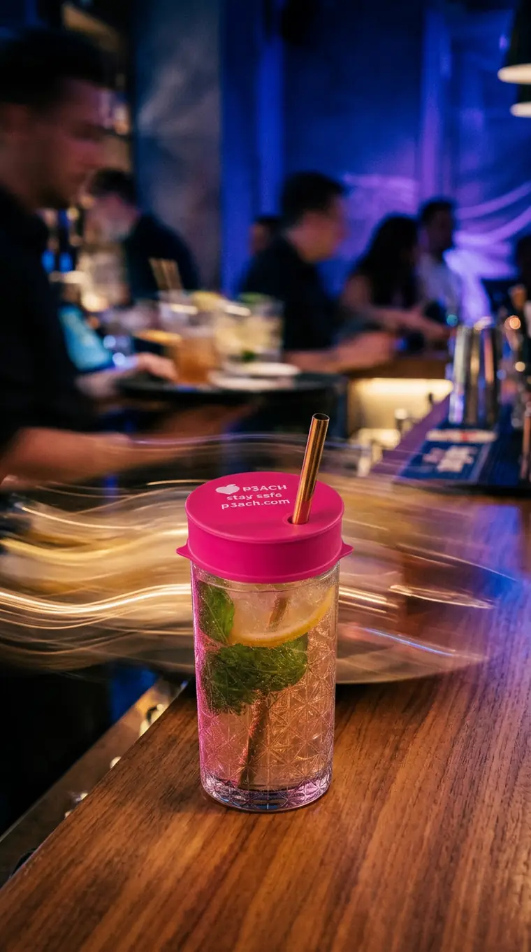 Glas mit pinkem P3ACH Cup Cover an einer Bar